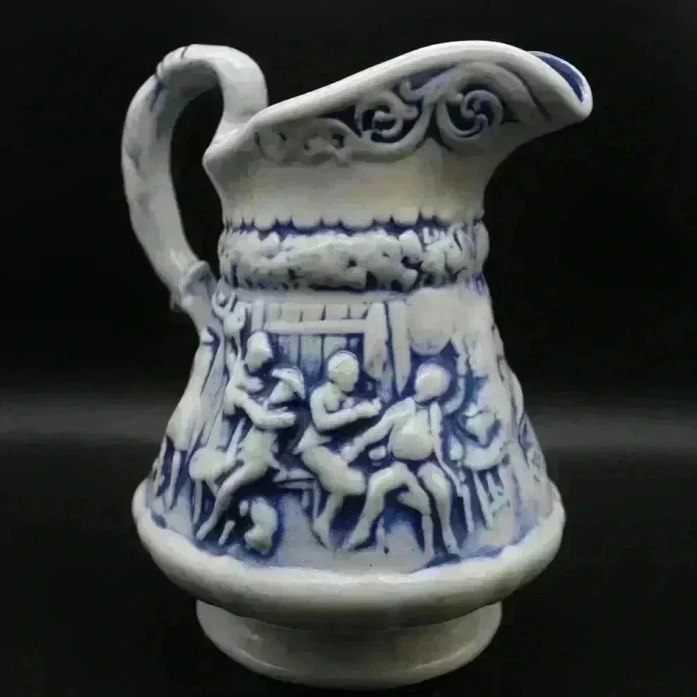 VINTAGE SIGNED CERAMIC POTTERY PITCHER JUG BLUE WASHED/RELIEF TAVERN SCENE